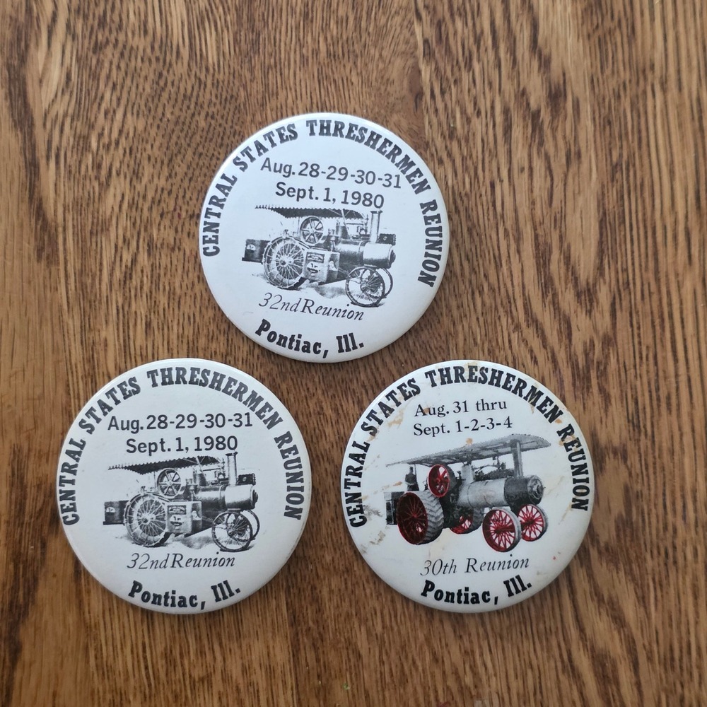 Vintage Central States Threshermen Reunion Pins Pontiac Illinois 1980 Lot of 3